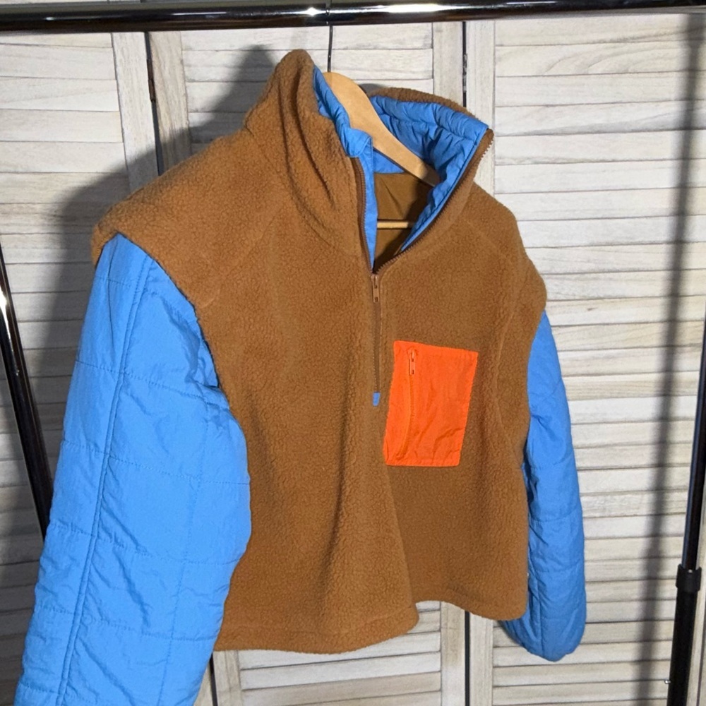 Brown and Blue Fleece Jacket with Orange Pocket